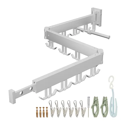 relaxdays Klappbarer Wäscheständer zur Wandmontage, weiß - Praktischer Wand-Wäscheständer aus rostfreiem Aluminium, ideal für kleine Räume. Mit 3 flexiblen Segmenten, 4 drehbaren Haken und einer ausziehbaren Sockenstange für platzsparendes Trocknen.