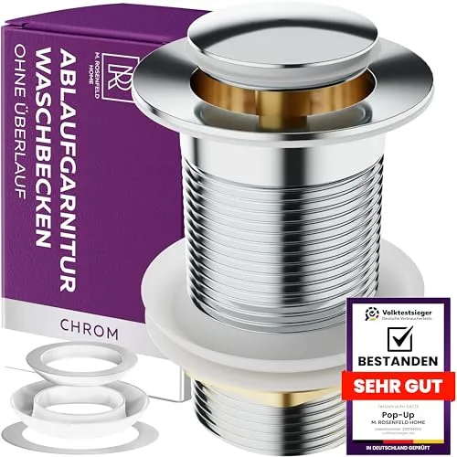 M. ROSENFELD HOME Ablaufgarnitur Waschbecken OHNE Überlauf mit Knopf - Chrom Ablaufventil Pop Up 1 1/4 zoll aus Edelstahl & Messing für Waschtisch - Pop-Up Ventil Waschbecken Abflussgarnitur