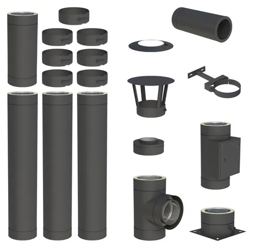Edelstahlschornstein Komplettset 4,3 m Ø 130 mm doppelwandig DW-Black - Hochwertiges 4,3 m Edelstahlschornstein Komplettset Ø 130 mm für einfache Bodenmontage. Ideal für professionelle Anwendungen mit robustem Edelstahl und zuverlässiger Steckverbindung.