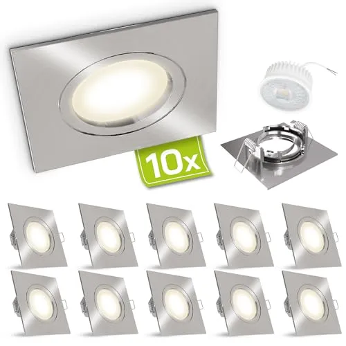 linovum LED Einbaustrahler 10er Set - Extra flach & eckig in Edelstahl Optik - Deckenspots im 10er Set, extra flach (36mm) mit neutralweißen 4W LEDs für effiziente Beleuchtung und modernes Design.