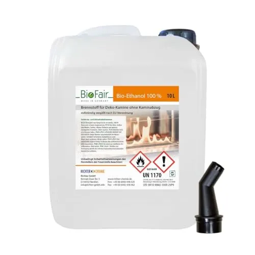 BioFair Bioethanol - 100% Reiner Brennstoff - Bioethanol für Bioethanolkamin, Ethanol Tischkamin, Wandkamin Indoor - 10 Liter
