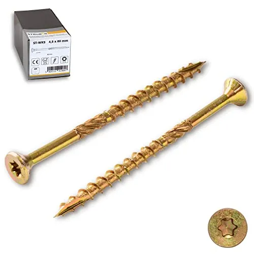 STRÜBER Holzschrauben mit Torx-Antrieb (3,5 x 40 mm / 200 Stück) Holzbauschrauben mit TX-Buchse - Spanplattenschrauben Gelb verzinkt - Senkkopfschrauben für Dachkonstruktionen - Universalschrauben