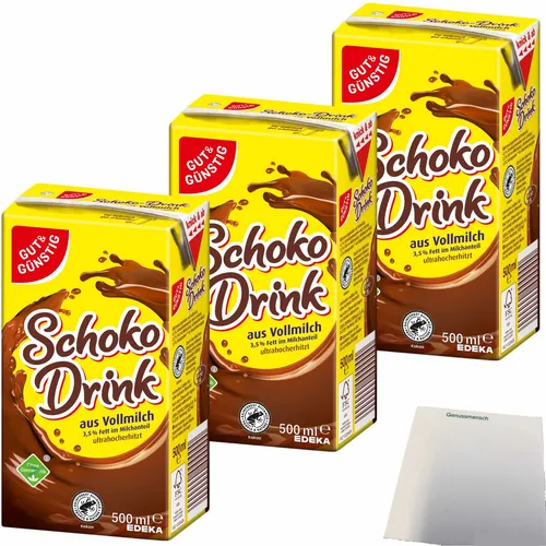 Gut&Günstig Schoko-Drink 3,5% Fett mit Papier-Trinkhalm 3x500ml Packung usy