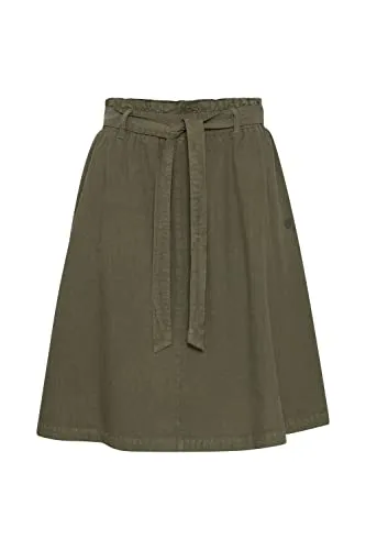 OXMO OXLerke Damen Kurzer Rock Sweatrock A-Linie Geraffter Bund mit Gürtel-Detail Midi-Länge, Größe:38, Farbe:Dusty Olive (180515)