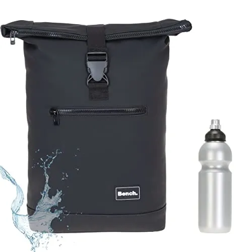 Sieber Rucksack Kurierrucksack Bench Hydro Plane Roll-Top backpack Laptoprucksack A4 wetterfest Damen Herren 64175 + Trinkflasche (Black 0100)