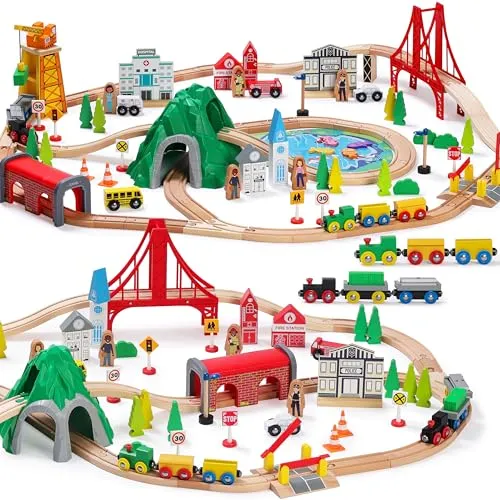 SainSmart Jr. Holzeisenbahn Set 112 Teile, Brücke & Tunnel, Kompatibel Brio | Fördert Feinmotorik, Beliebig erweiterbar, Kompatibel mit Thomas & Hape, Aus robustem Holz, Ab 3 Jahren