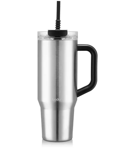 Bodum Travel Mug Tumbler 1.2 L Sleek Silver - Metal Water Bottle with Straw, Handle and Lid - Dishwasher Safe - For Cold Drinks and Warm Coffee