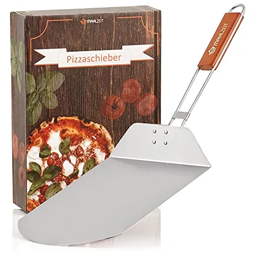 Mahlzeit Edelstahl Pizzaschieber mit Bambus Griff | 25,5 x 30,5 cm | Pizzaschaufel für Pizzaofen | Pizzawender zum Backen | Schieber, Grillzubehör, Schaufel, Pizzapaddel, Klappgriff