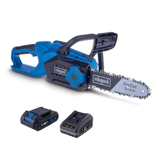 Scheppach Akku Kettensäge C-CS254-X | Schnittlänge 20cm | Schwertlänge 25,4cm | Schnittgeschwindigkeit 6m/s | Autom. Kettenschmierung | 20V-IXES-Serie | 10 Jahre Garantie | mit 2Ah Akku & Ladegerät