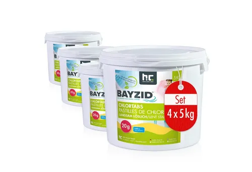 BAYZID® 4x 5 kg Chlortabs 20g langsam löslich im Eimer - Poolzubehör für glasklares Wasser – BAYZID® Chlortabletten sorgen für langanhaltende Desinfektion und bekämpfen effektiv Bakterien und Algen. Ideal für sorgenfreien Badespaß!