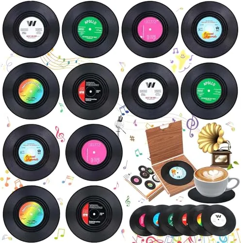 Soundzero 12 Stück Retro Vinyl Schallplatten Untersetzer, Retro Coffee Untersetze, Isolierte Kaffee Getränke Untersetzer, Retro CD Schallplatten Vinyl Untersetzer, Für Kaffee, Getränke, Tisch Schutz