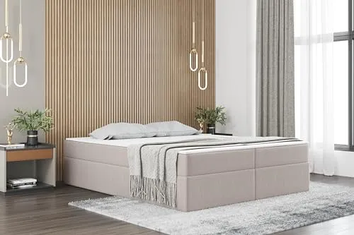 Kaiser Möbel - Bett 200x200 cm, Boxspringbett mit Matratze und Bettkasten, Polsterbett für Schlafzimmer und Jugendzimmer, Gepolstertes Doppelbett mit Stauraum, Kaltschaum Topper - Ruben - Hellbeige