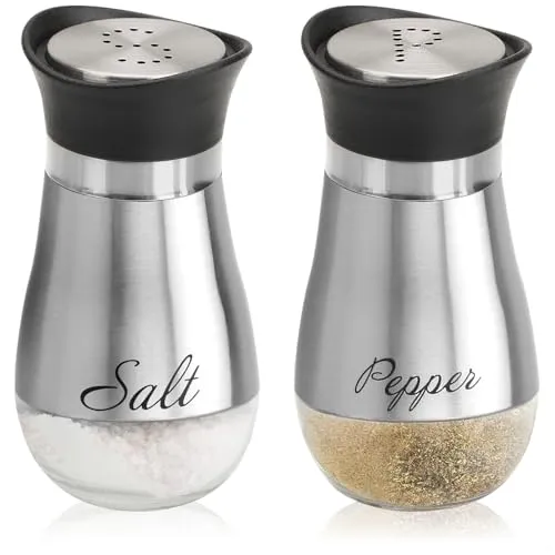 com-four® 2-teiliges Salz- und Pfefferstreuer-Set aus Edelstahl und Glas - Gewürzbehälter mit Aufschrift - Schüttler für Gewürze in Küche und Gastronomie - Würzspender (2-teiliges Set - silberfarben)