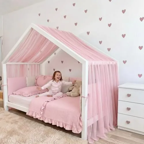 Baby Fancyroom Hausbett Himmel aus Tüll, Handgefertigt, Gekräuselt, Baldachin für Kinderbett (Rosa, 300cm) - Hochwertiger, gekräuselter Tüll für eine traumhafte Atmosphäre im Kinderzimmer. Ideal für Montessori-Hausbetten, sorgt für einen gemütlichen Rückzugsort. Einfache Befestigung mit Bindebändern garantiert Stabilität und Eleganz.