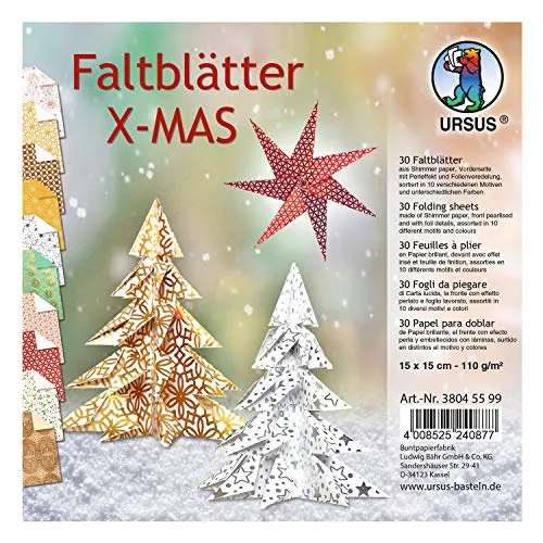 Ursus 38045599 - Faltblätter X-Mas - Bastel- & Malmaterialien: 30 Blatt Shimmer Papier in 10 festlichen Motiven, ideal für kreative Weihnachtsprojekte mit Perleffekten und Folienveredelungen.