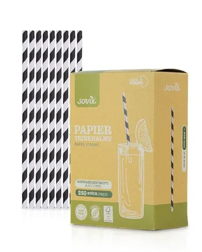 Sovie Strohhalme Papier Schwarz-Weiß - Trinkhalme Plastikfrei - FSC-zertifiziert, Made in Europe, Biologisch Abbaubar - Ø6mm - 20cm Länge - 250 Stück