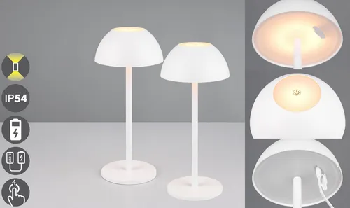 Reality Leuchten LED Außen-Tischleuchte RICARDO Tischleuchte 2er-Set, Dimmfunktion, USB-Ladefunktion, LED fest integriert, Warmweiß, 2er Set Outdoor Akku Tischlampe Pilzdesign USB-C 4-fach Touch Dimmer