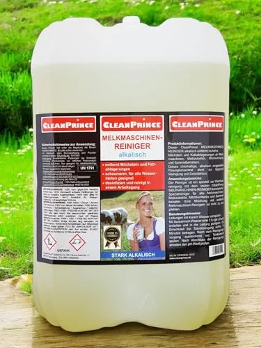 Liter Melkmaschinenreiniger ALKALISCH - Spezialputzmittel zur effektiven Entfernung von Milchstein und Kalkablagerungen, schaumarm und für alle Wasserhärten geeignet.