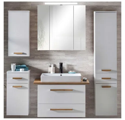 Lomadox Badmöbel-Set Dabo-04, weiß mit Eiche Landhaus, 5-teilig - Elegantes Badmöbel-Set Dabo-04 in weiß mit Eiche Landhaus, inklusive Keramik-Waschtisch und LED-Beleuchtung. Ideal für stilvolle Badezimmergestaltung, einfach zu montieren und von hoher Qualität.