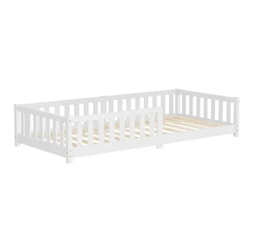 ML-DESIGN Spielbett Bodenbett Holzbett mit Lattenrost & Rausfallschutz Jugendbett Babybett, Abenteuerbett 90x200cm Weiß Kinderbett Bettgestell ohne Matratze