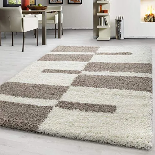 Teppium Moderner Hochflor Teppich Wohnzimmer 300x400 (280 x 370 cm) Beige - Shaggy Flauschiger Teppich, Extra Weich, Pflegeleicht und Kariertes - für Schlafzimmer, Küche und Esszimmer