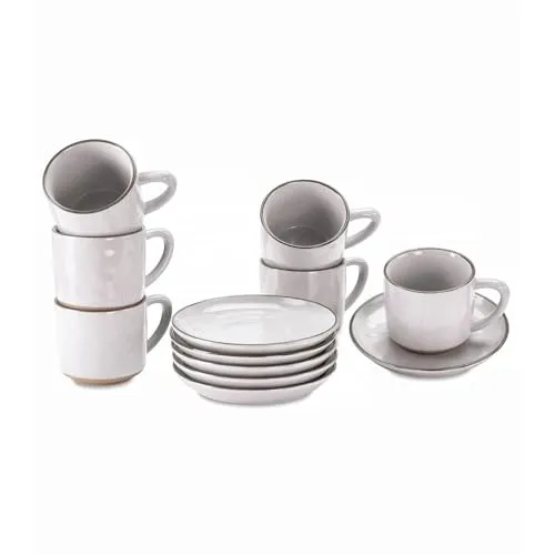 LOBERON Tasse mit Untertasse 6er Set Biarré, ursprünglicher, natürlicher Charakter, Geschirr mit mediterranen Charme, spülmaschinenfest, Tischaccessoires, Steinzeug, weiß