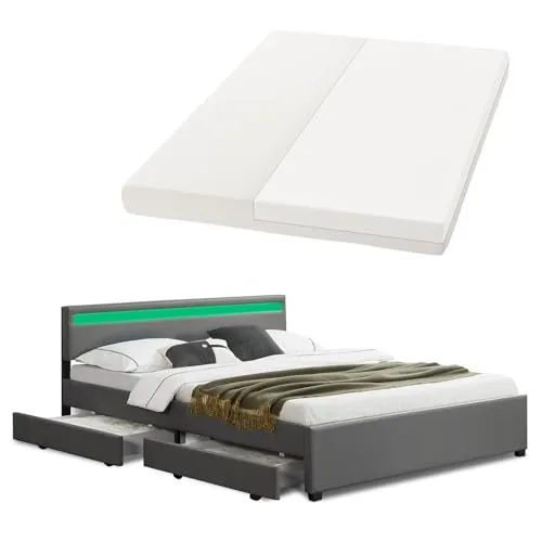 Juskys Polsterbett Lyon mit Matratze 180x200 cm - Modernes Bett mit ausziehbaren Bettkästen und LED-Beleuchtung in 16 Farben, inklusive Kaltschaummatratze für besten Schlafkomfort – ideal für stilvolle Schlafzimmer.