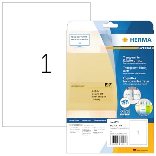 HERMA 4585 Wetterfeste Folienetiketten transparent, 320 Blatt - Computer-Etiketten mit No Label-Effekt: Beschriftung wirkt wie direkt aufgedruckt, wasserfest und ideal für langlebige Anwendungen.