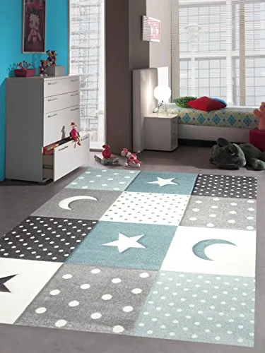 CARPETIA Kinderteppich Stern & Mond für Jungen – 80x150 cm in Blau & Türkis - Schöner Kinderzimmerteppich in 3D-Optik, handgeschnitten aus schadstoffgeprüftem Material. Ideal für ein gemütliches Spielumfeld.