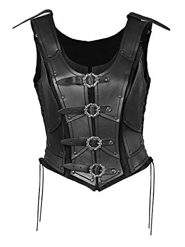 Andracor - Frauen Lederrüstung Kriegerin - Vollbrust Leder Corsage mit Trägern aus schwerem Rüstleder für LARP, Mittelalter, Steampunk, Gothic - Schwarz: XS-XXL
