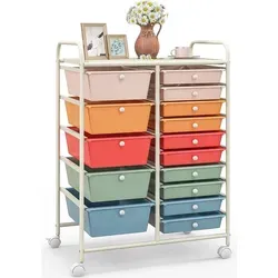 COSTWAY Rollwagen mit 15 Schubladen - Bunt/Weiß - Vielseitiger Rollwagen mit 15 herausnehmbaren Schubladen für optimale Ordnung. Ideal für Büro, Bad oder Kinderzimmer. Stabil und mobil durch 4 schwenkbare Rollen. Maße: 63x37x87 cm.