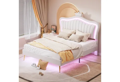 OKWISH Bett Kinderbett Polsterbet Gästebett (Kronen-Doppelbettgestell aus Leder mit LED-Leuchten, Lattenrost und Rückenlehne, Matratze nicht enthaltet 140 x 200 cm)