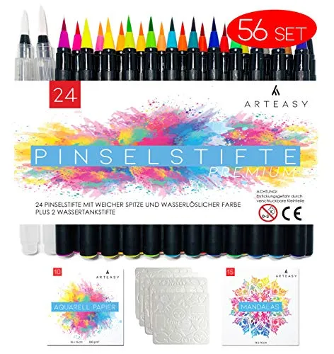Arteasy® Pinselstifte, 56er Set 24 Stifte, 2 Wassertankstifte, 10 Aquarellpapier, 15 Mandalas, 5 Schablonen, Brush Pen Fasermaler, Aquarell Stifte Kalligraphie Set, Handlettering, Malstifte