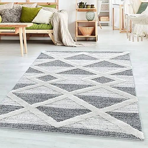 SIMPEX Teppich Wohnzimmer Geometrisch Design Hoch-Tief Effekt 3D 80 cm Rund Grau - Hochflor Teppich Schlafzimmer Küchenteppich Extra Weich Pflegeleicht - Flauschiger Teppiche für Esszimmer Gastzimmer