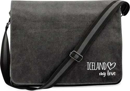 Huuraa Umhängetasche Iceland my love 14 Liter Black Canvas Laptoptasche Geschenkidee
