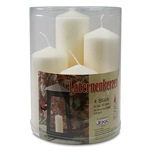 EWA Kerzen 4er Set Kaminkerzen Laternenkerzen Ecru Ø ca. 60 mm, Brenndauer: ca. 25-75 Stunden, Stumpenkerze, Altarkerze