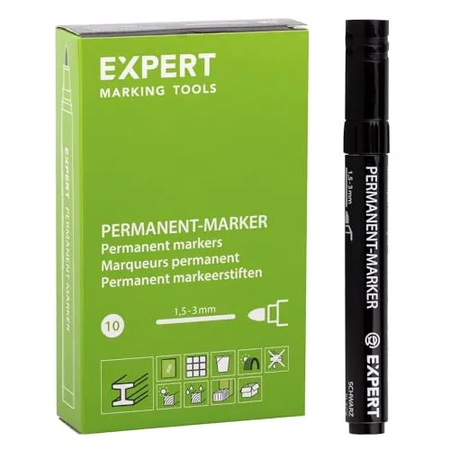 EXPERT Permanentmarker Schwarz | Rundspitze, wasserfest & schnelltrocknend | Sicher ohne Xylol & Toluol | Ideal für Glas, Holz, Metall, Kunststoff | 10er Pack im Kartonetui