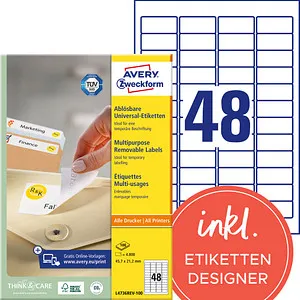 Zweckform L4736 Avery Etiketten 45.7 x 21.2mm, 4800 Stück - Universaletiketten wiederablösbar, selbstklebend und bedruckbar, ideal für Kopierer und Drucker, umweltfreundlich und Made in Germany.