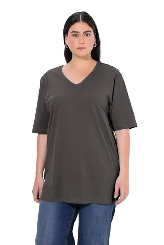 Ulla Popken Damen T-Shirt, V-Ausschnitt, Relaxed, Halbarm, schwarz, 54/56