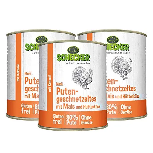 Schecker Nassfutter für Hunde - Hundemenü - Putengeschnetzeltes mit Mais und Hüttenkäse - 3 x 820 g - glutenfrei - 80% Pute