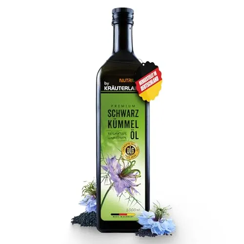 Kräuterland Schwarzkümmelöl 1L - Ungefiltert & kaltgepresst - Speiseöl, 100% Nigella Sativa, frisch aus der hessischen Ölmühle, ausgezeichnet als Testsieger und Goldmedaille für Spitzenqualität.