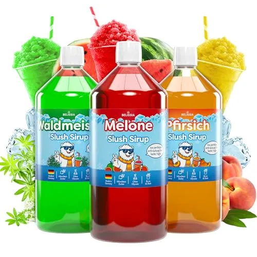 Belissia Slush Eis Sirup 3 x 1000ml Konzentrat | Waldmeister, Melone, Pfirsich | sehr ergiebig in knalligen Farben (1:5) für bis zu 18 Liter | Glycerin frei – für Slush-Eis - Maschinen & Wassereis
