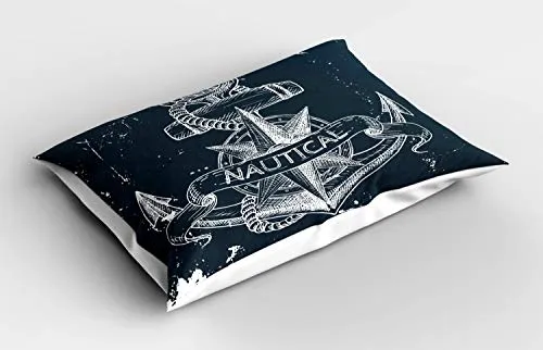 ABAKUHAUS Marine Kissenbezug, Knot Anker Kompass, Dekorativer Standard King Size Gedruckter Kissenbezug, 80 x 40 cm, Weiß Dunkelblau