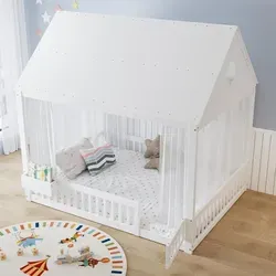 MODFU Einzelbett 140x200 mit Vorhängen und Stauraum - Verspieltes Kinderbett mit dekorativen Vorhängen und integriertem Stauraum für Spielzeug und Bücher. Die stabile Konstruktion aus Kiefer und MDF bietet Komfort und passt sich flexibel an verschiedene Einrichtungsstile an.