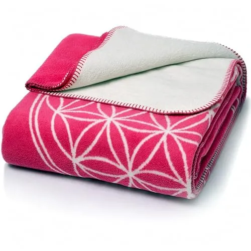 Glart Kuscheldecke Blume des Lebens pink-ecru XL 150x200 cm - Tagesdecken, extra flauschig und fusselfrei für höchsten Komfort – ideal für gemütliche Abende auf der Couch oder entspannende Picknicks im Freien.