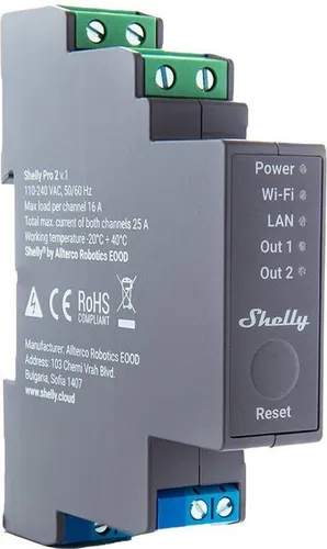 Shelly Pro 2 - 2-Kanal DIN-Schienen Relais Schalter mit WLAN, LAN und Bluetooth, 25A für intelligente Licht- und Ventilsteuerung