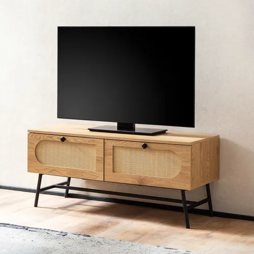 FINEBUY Lowboard FB104346 - Modernes TV-Möbel in Eiche Dekor - Lowboard für Fernseher, 100 cm breit mit Stauraum und geflochtener Schublade, ideal für modernes Wohnen und Platzsparende Lösungen.