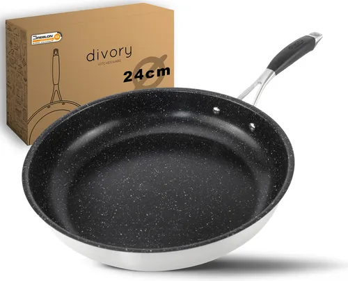DIVORY Edelstahl Pfanne 24 cm ULTIME Induktion - Pfanne für alle Herdarten mit innovativer 3-lagiger PTFE-Antihaftbeschichtung, ideal für gesundes Kochen ohne Öl und spülmaschinengeeignet.