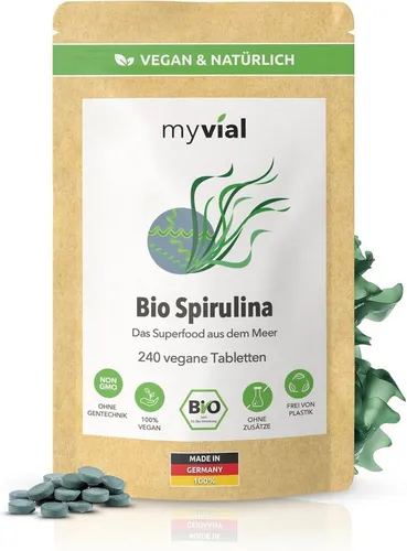myvial Bio Spirulina Tabletten - naturrein - ohne Zusätze - Tabletten, 240 vegane Tabletten, 100% Spirulina (Arthrospira platensis) à 240 St., plastikfrei verpackt, 40 Tage Vorrat, höchste Qualität