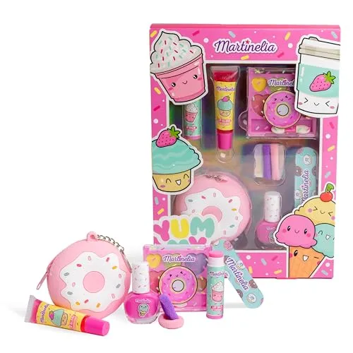 MARTINELIA Make-up-Set mit Donut-Etui mit Reißverschluss – Erdbeer-Gloss, Wasserlack, Kirschbalsam, Lidschatten-Palette, Gummibänder & Limetten – Geschenkbox für Mädchen